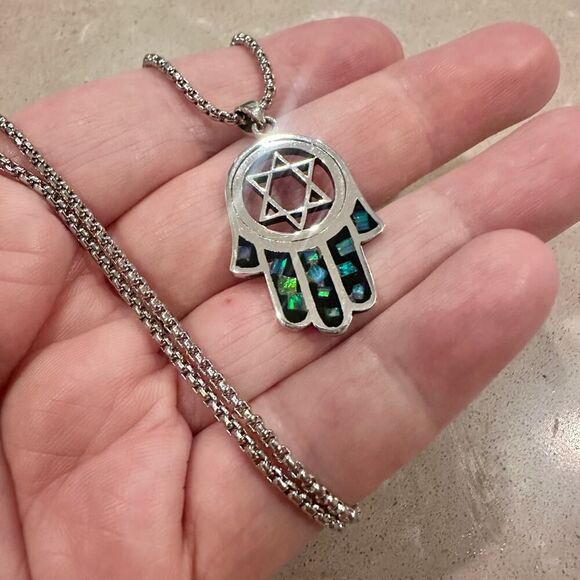 Sterling Silver Hamsa Pendant with Lab Opal & Star of David - Picture 3 of 6